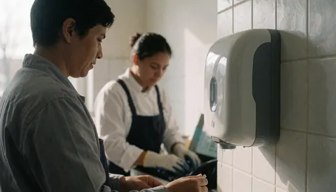 Distributeur de savon fixé sur un mur carrelé avec deux personnes travaillant en arrière-plan éclairées par la lumière naturelle.