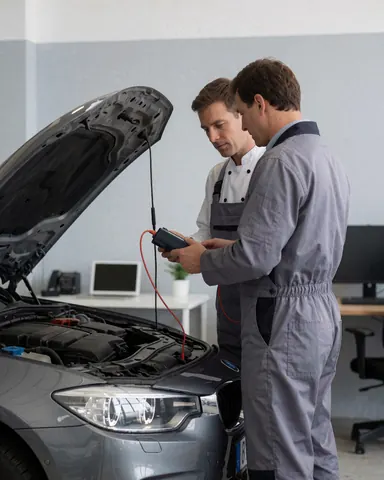 Un technicien et un client vérifient la batterie d'une voiture dans un atelier avec le capot ouvert et des outils visibles.