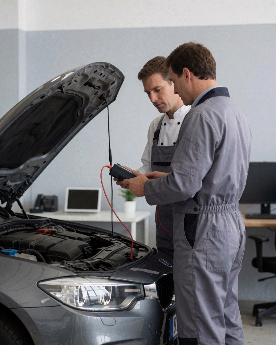 Un technicien et un client vérifient la batterie d'une voiture dans un atelier avec le capot ouvert et des outils visibles.