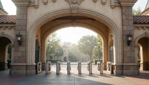 Entrée de parc à thème avec arc en pierre et tourniquets, paysage avec arbres et lumière du matin, idéal pour une page d'accueil de site web