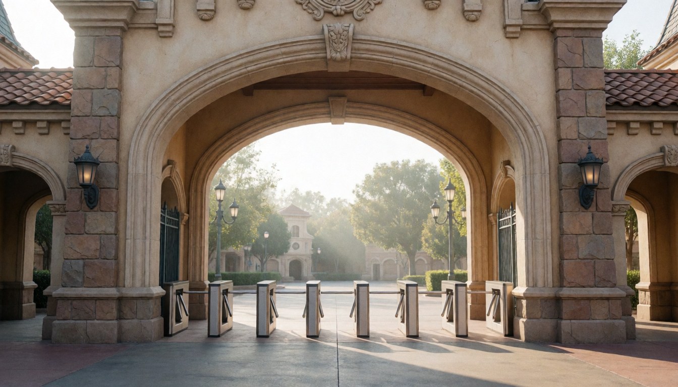 Entrée de parc à thème avec arc en pierre et tourniquets, paysage avec arbres et lumière du matin, idéal pour une page d'accueil de site web