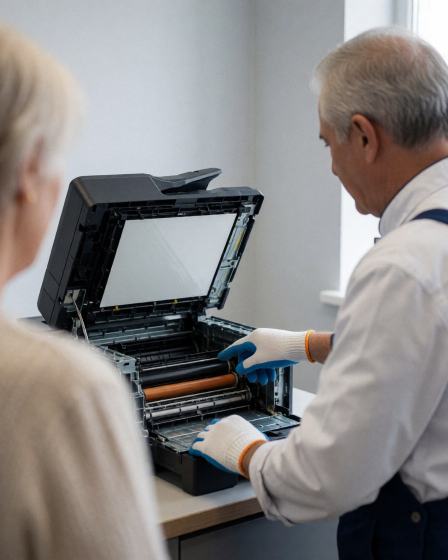 Un technicien en gants présente les composants internes d'une machine à un client dans un atelier aux murs clairs.