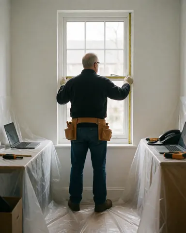Un menuisier professionnel mesure une fenêtre avec un mètre ruban, portant un ceinturon d'outils et des lunettes de sécurité, dans une pièce aux murs blancs avec un sol protégé par du plastique.
