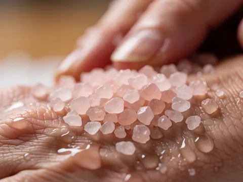 Gros plan de mains adultes tenant des cristaux de sel rose humides, évoquant le bien-être, le spa et les soins de la peau.
