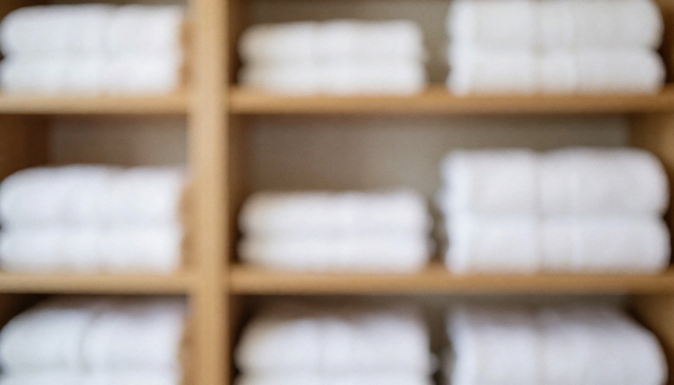Fond flou de serviettes blanches empilées sur des étagères en bois, idéal pour les textes de services de plage.