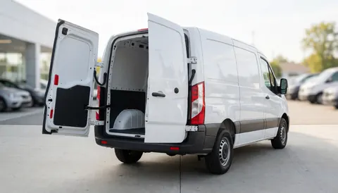 Fourgonnette blanche stationnée dans un concessionnaire automobile avec ses portes arrière ouvertes, idéale pour illustrer la vente de véhicules sur un site web.