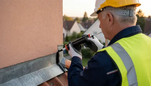 Un réparateur de toitures applique un scellant noir sur une jonction métallique d'un toit, portant un casque jaune et un gilet de sécurité, devant une maison aux murs en terre cuite.