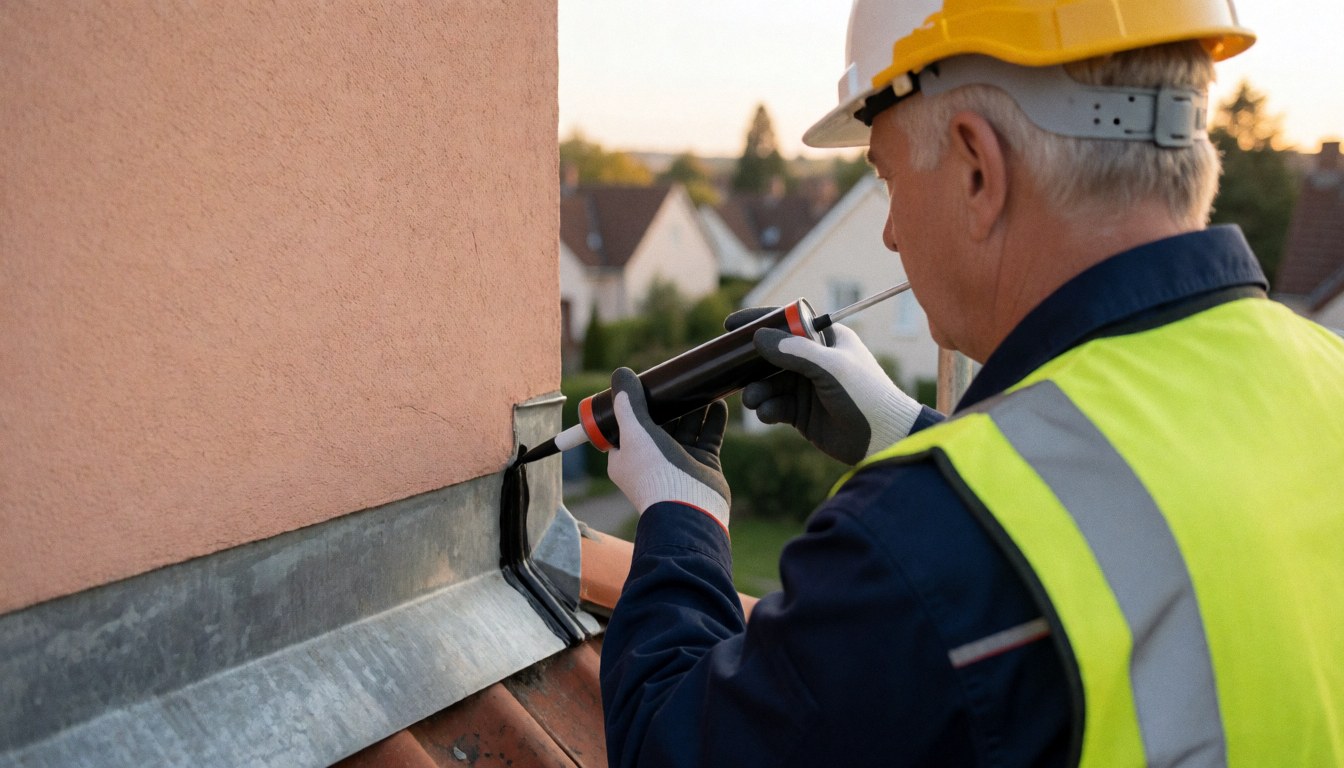 Un réparateur de toitures applique un scellant noir sur une jonction métallique d'un toit, portant un casque jaune et un gilet de sécurité, devant une maison aux murs en terre cuite.