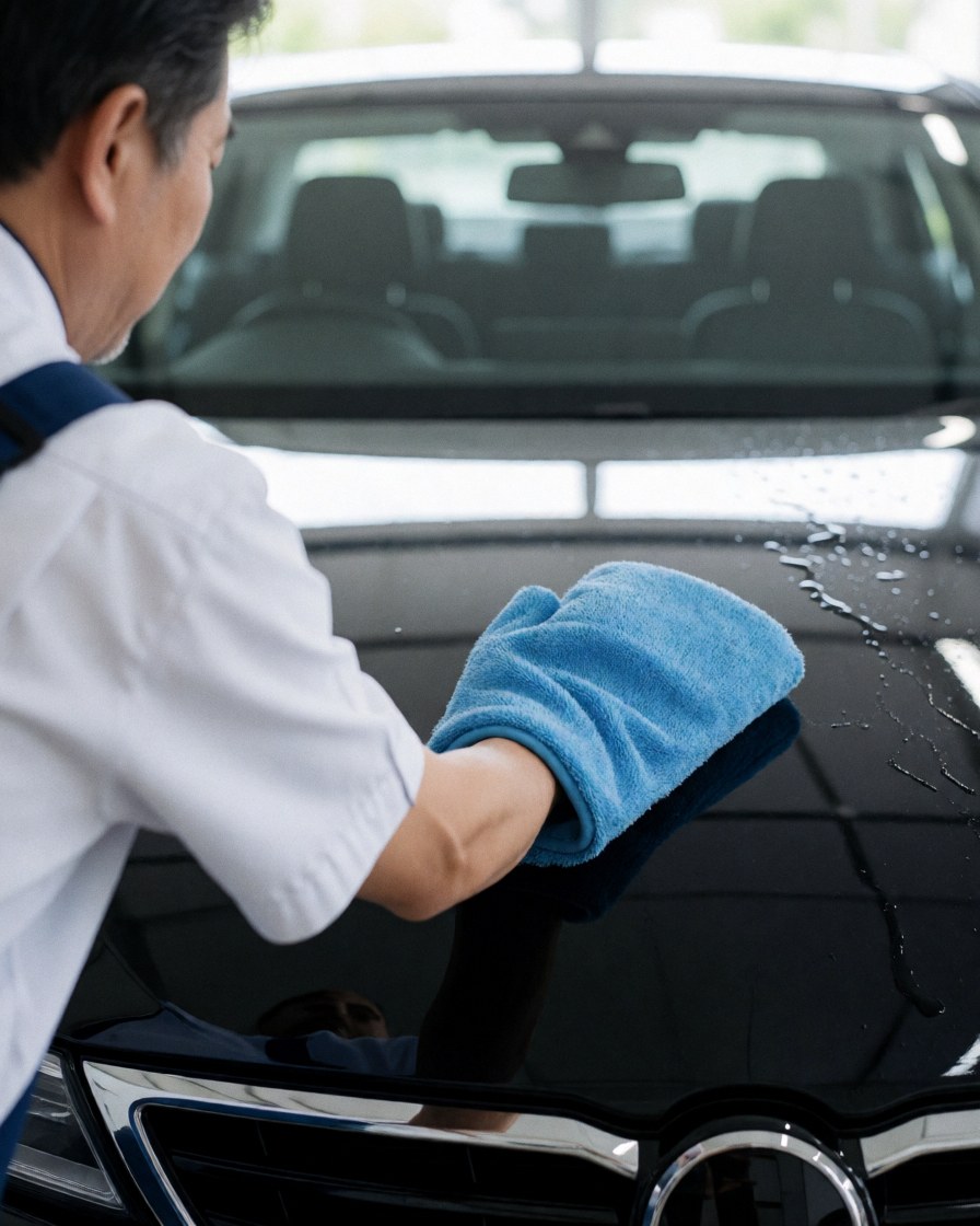 Une personne portant un gant bleu nettoie le capot noir d'une voiture avec de l'eau, reflétant l'intérieur sous la lumière du matin dans un atelier de lavage.