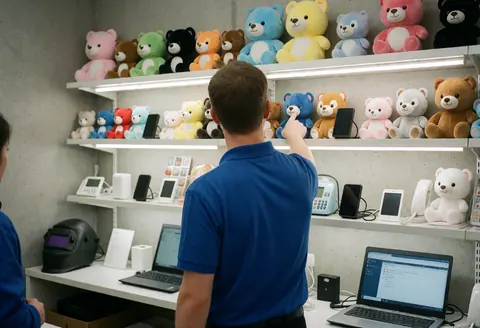 Un employé dans un centre de loisirs pointe vers une peluche, avec des étagères contenant des téléphones et ordinateurs sous une lumière vive.