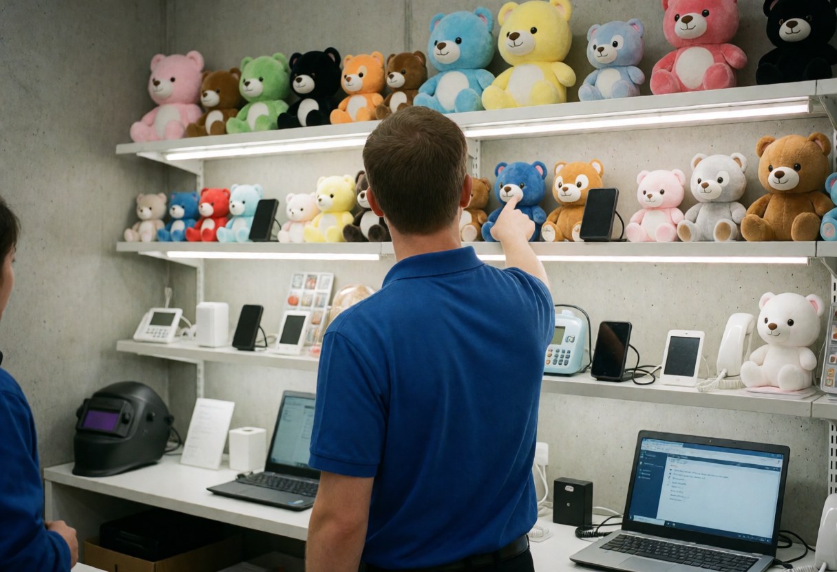 Un employé dans un centre de loisirs pointe vers une peluche, avec des étagères contenant des téléphones et ordinateurs sous une lumière vive.