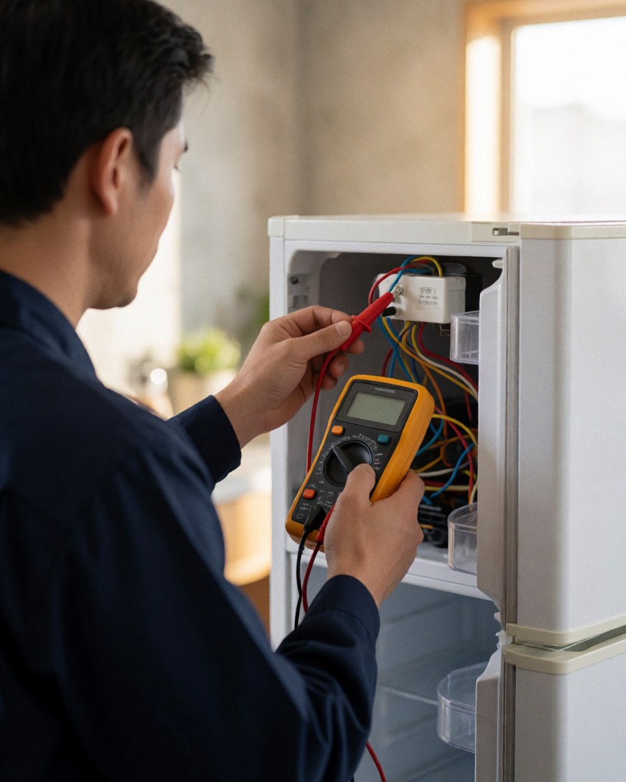 Un technicien effectue un diagnostic sur un réfrigérateur en utilisant un multimètre, dans un cadre professionnel et réaliste.