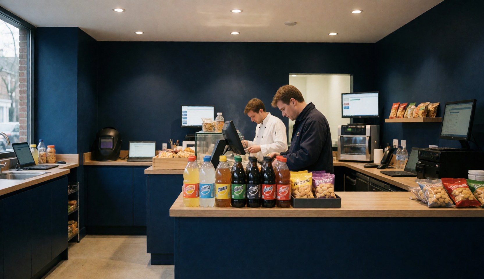 Comptoir de kiosque avec des boissons en bouteilles et des collations, murs bleus, deux personnes travaillant en arrière-plan.