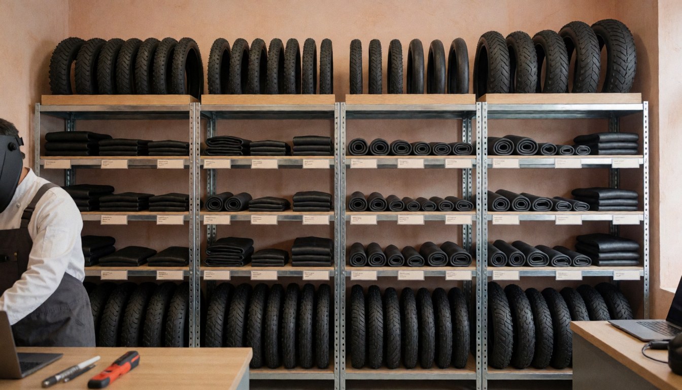 Atelier de vélos avec étagères métalliques remplies de pneus et tubes, une personne casquée travaille à une table, murs en plâtre terracotta, scène ordonnée et propre.