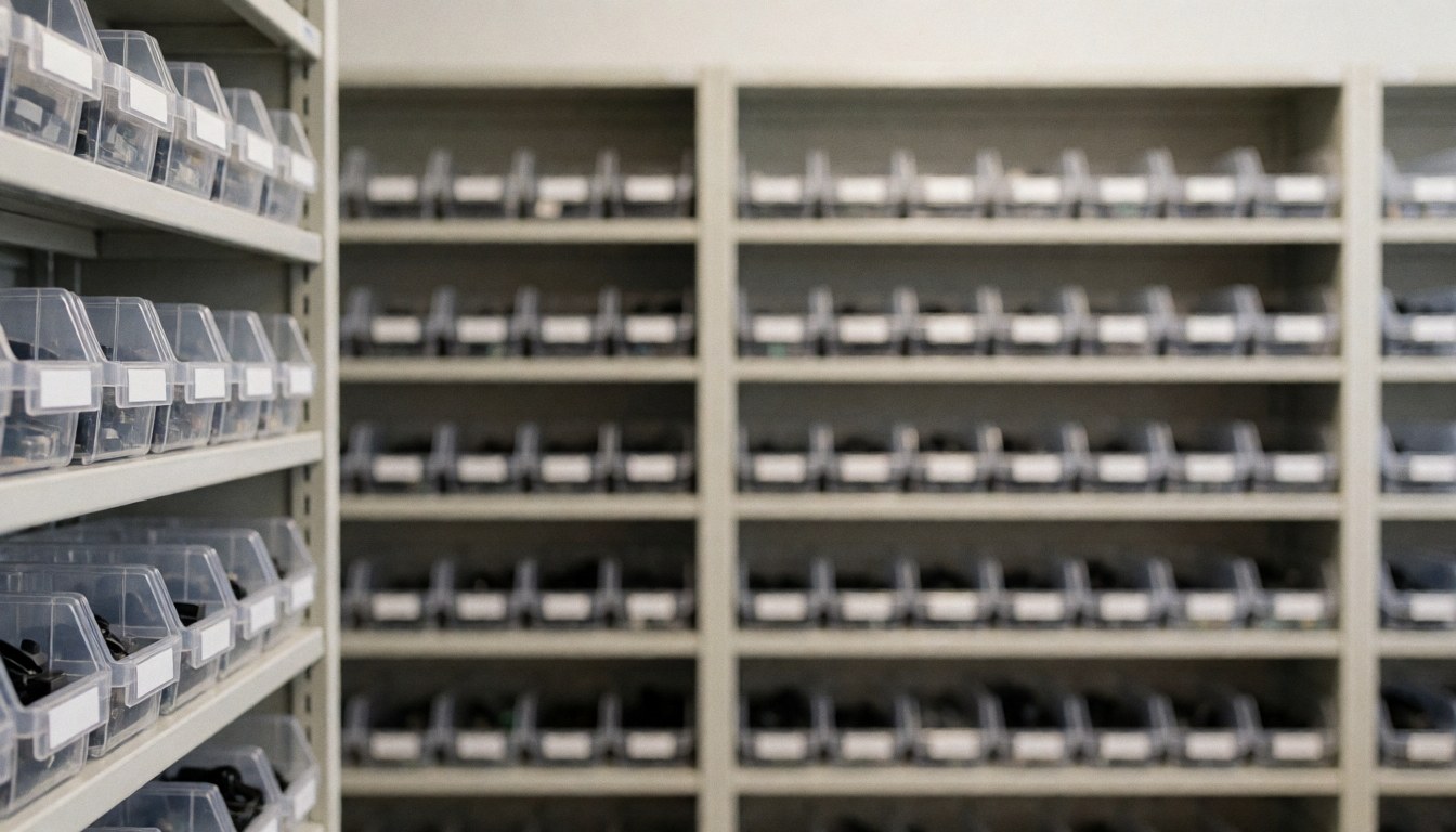 Des étagères remplies de boîtes transparentes de composants électroniques pour la réparation de téléphones, offrant un fond technique professionnel adapté à l'ajout de textes.