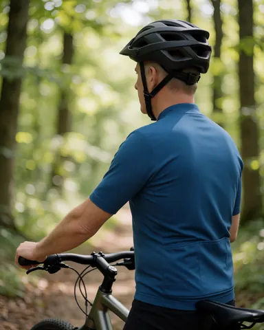 Un cycliste portant une chemise bleue et un casque noir, faisant une pause sur un sentier en forêt avec son vélo de montagne.