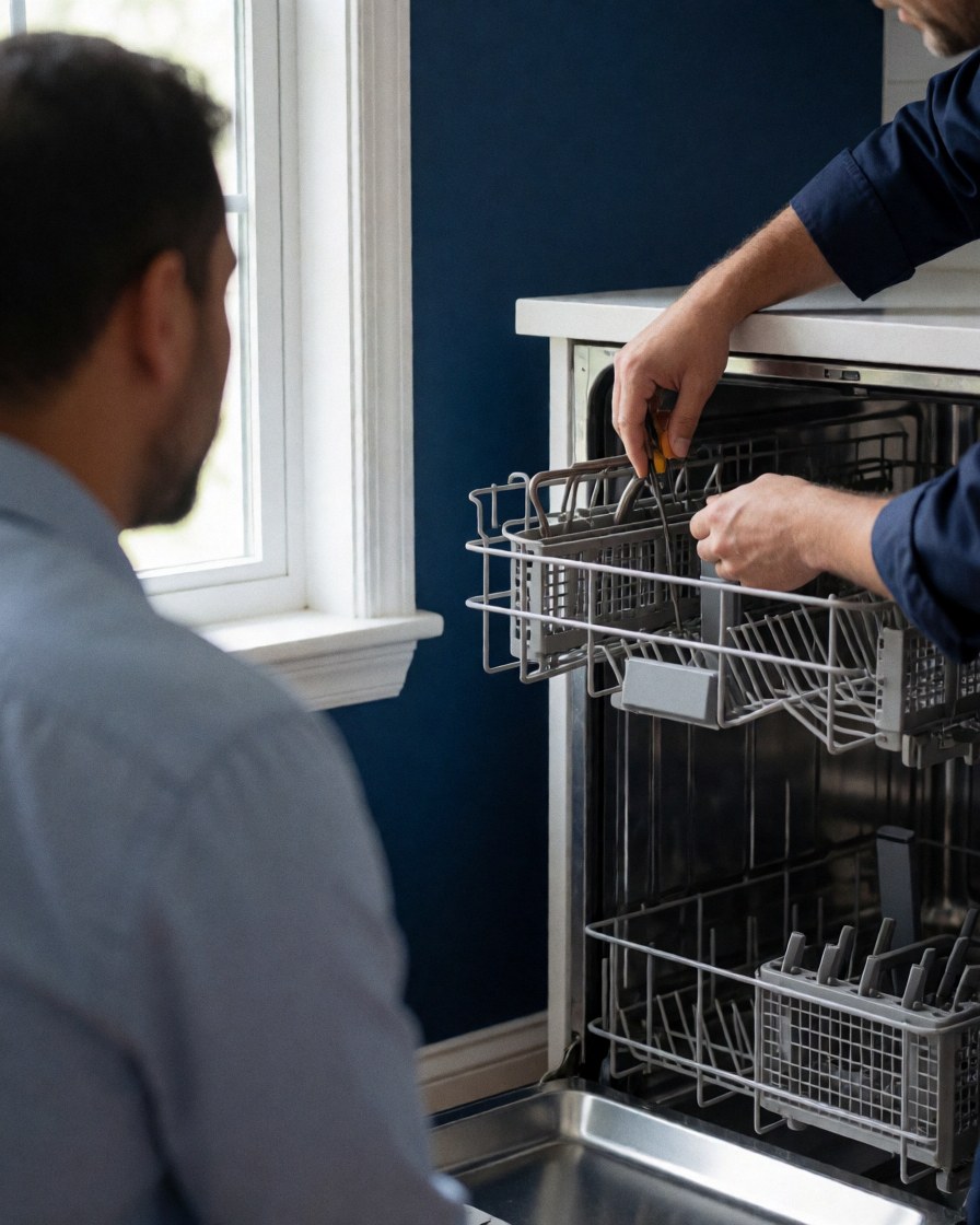 Un technicien effectue la réparation d'un lave-vaisselle dans une cuisine, tandis qu'un client observe la scène.