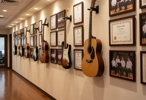 Couloir d'académie de musique présentant des guitares suspendues et des certificats encadrés aux murs, sur un sol en bois poli avec un éclairage chaleureux.