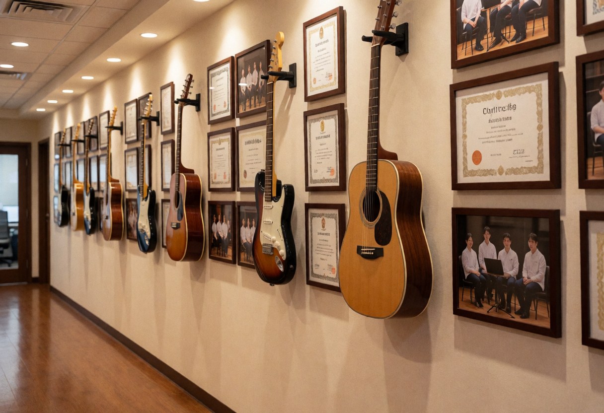 Couloir d'académie de musique présentant des guitares suspendues et des certificats encadrés aux murs, sur un sol en bois poli avec un éclairage chaleureux.