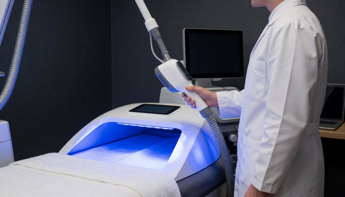 Un professionnel en blouse blanche tient une main sur un appareil laser au-dessus d'une table de traitement éclairée en bleu dans une salle aux murs gris.