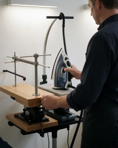 Un technicien ajuste un fer à repasser sur une station de travail. Un panneau en bois est visible, ainsi qu'un mur blanc et un éclairage pratique.