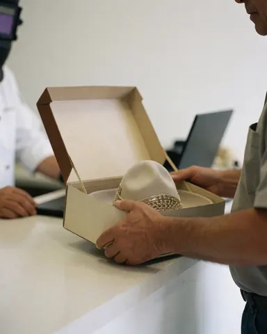 Une cliente âgée ouvre une boîte neuve pour un chapeau dans un centre équestre, présentant le produit sur un comptoir propre.