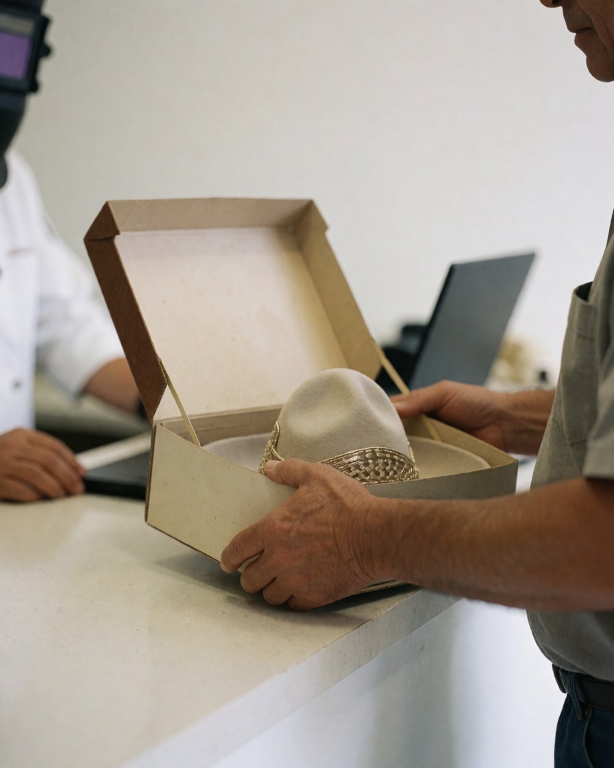 Une cliente âgée ouvre une boîte neuve pour un chapeau dans un centre équestre, présentant le produit sur un comptoir propre.