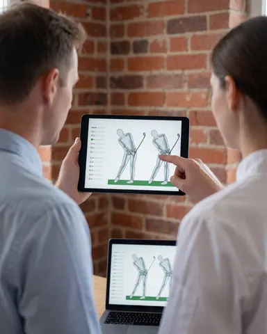 Instructeur de golf explique une analyse de swing à un client à l'aide d'une tablette, devant un mur de briques dans un environnement professionnel et moderne.