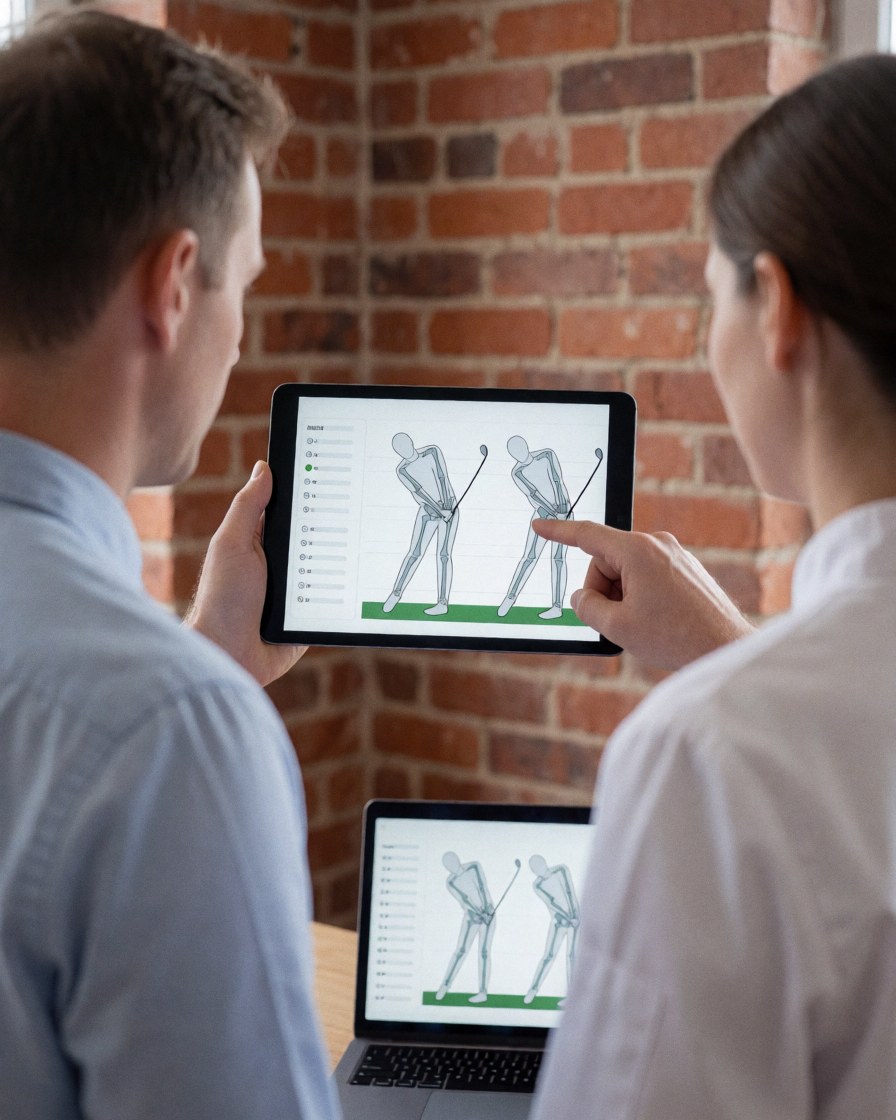 Instructeur de golf explique une analyse de swing à un client à l'aide d'une tablette, devant un mur de briques dans un environnement professionnel et moderne.