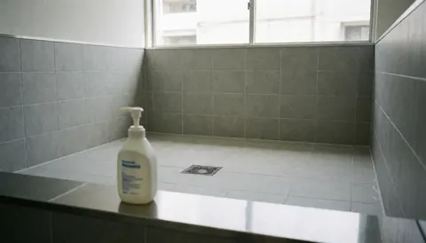 Cabine de lavage vide avec sol drainant, murs carrelés gris et un seau blanc posé sur une étagère en acier inoxydable.