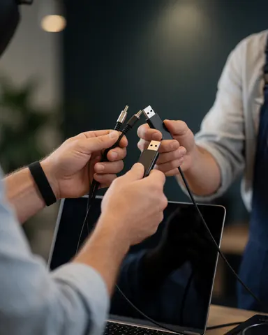 Gros plan sur des mains échangeant des câbles audio et des clés USB pour la musique, dans le cadre d'un service événementiel professionnel avec équipement technique.