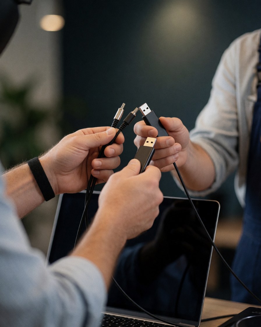 Gros plan sur des mains échangeant des câbles audio et des clés USB pour la musique, dans le cadre d'un service événementiel professionnel avec équipement technique.