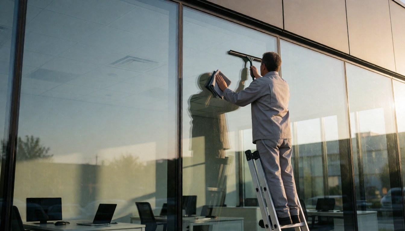 Un employé professionnel nettoie les fenêtres d'un immeuble moderne avec une raclette et un chiffon microfibre, reflétant l'intérieur ordonné et la lumière dorée du coucher de soleil.