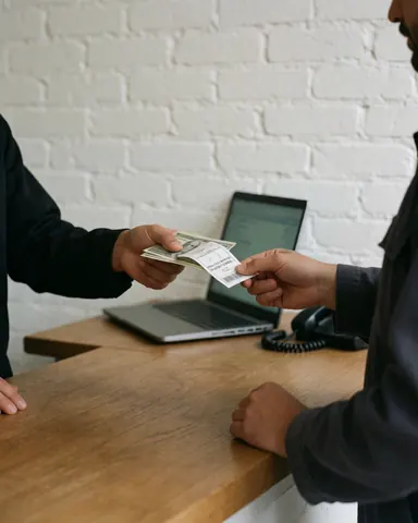 Des mains effectuant une transaction financière en échange d'un ticket devant une billetterie de théâtre avec un mur en briques blanches en arrière-plan.