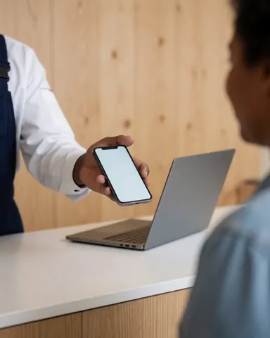 Un technicien remet un téléphone portable réparé à un client dans une boutique moderne avec un mur en bois et un ordinateur portable sur la table.