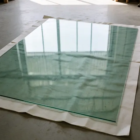 Plaque de verre transparente teintée en vert posée sur un sol en béton, reflétant des fenêtres hautes, idéale pour les serres.