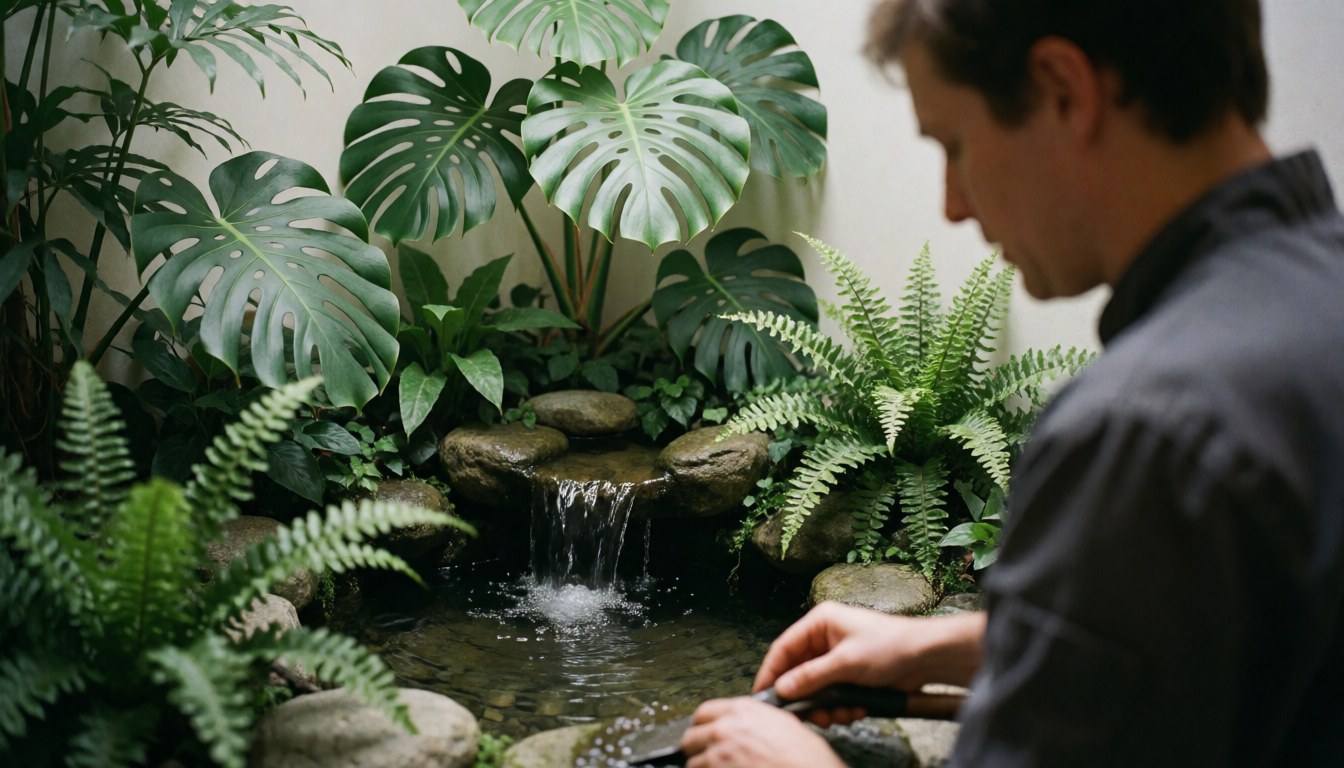 Une personne effectue des tâches dans un jardin intérieur apaisant, entourée de plantes monstera et de roches, créant une ambiance sereine pour un massage ayurvédique.