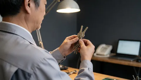Un serrurier examine un ensemble de clés de haute sécurité sous une lumière de travail dans un atelier avec des murs gris et des outils visibles.