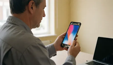 Technicien tenant un téléphone démonté avec un nouvel écran allumé, en cours de vérification, dans un environnement de travail avec lumière naturelle et mur beige.