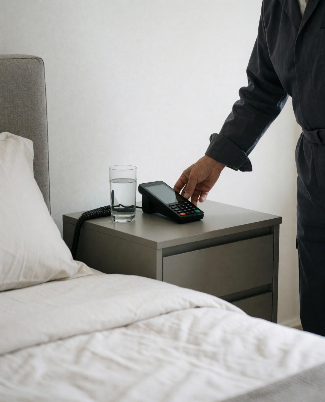 Un employé d'un établissement d'hébergement dépose un téléphone sur une table de chevet à côté d'un verre d'eau, illustrant un service de paiement pratique et confortable.