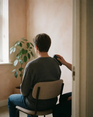 Client recevant un traitement sur l'épaule avec un dispositif dans un cadre clinique avec murs terracotta et plante.