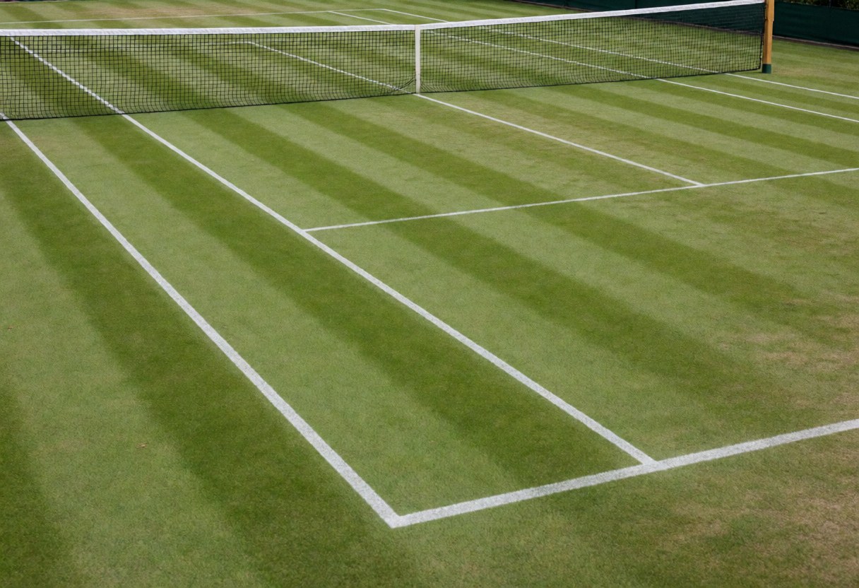 Terrain de tennis en gazon vert avec lignes blanches marquées et filet, idéal pour l'entraînement de tennis dans un club sportif.