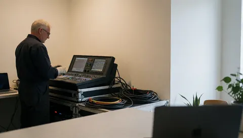 Un technicien configure une console d'éclairage professionnelle sur une scène à murs blancs chauds, prêt pour des événements.