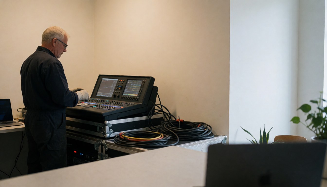 Un technicien configure une console d'éclairage professionnelle sur une scène à murs blancs chauds, prêt pour des événements.