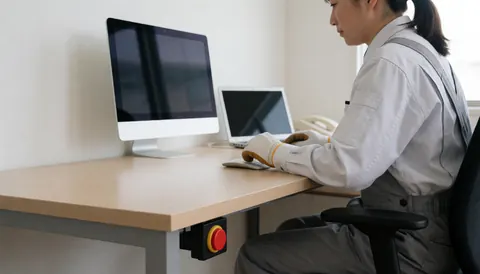 Technicienne en uniforme travaillant à un bureau avec un ordinateur et un bouton d'urgence rouge, éclairée par la lumière naturelle.