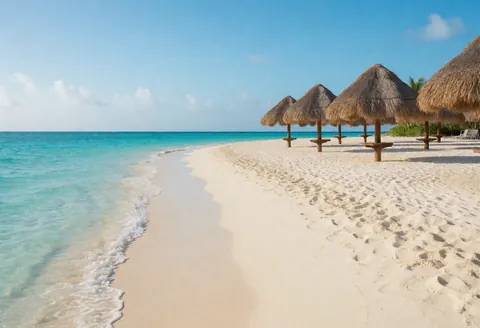 Plage de sable blanc avec des palapas sous un ciel bleu, idéale pour un resort touristique.