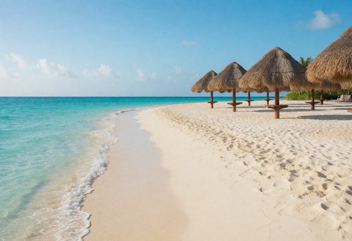 Plage de sable blanc avec des palapas sous un ciel bleu, idéale pour un resort touristique.