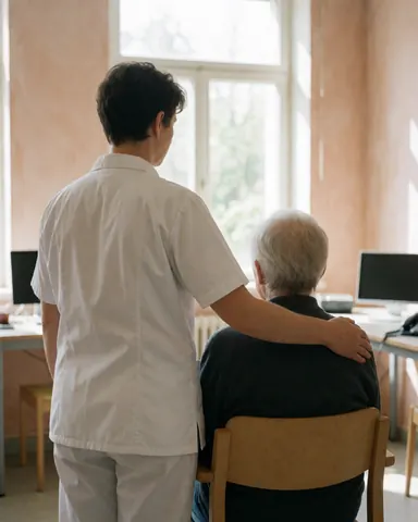 Un thérapeute en uniforme blanc effectue un massage sur un client âgé assis dans une pièce aux murs de terre cuite et une fenêtre.