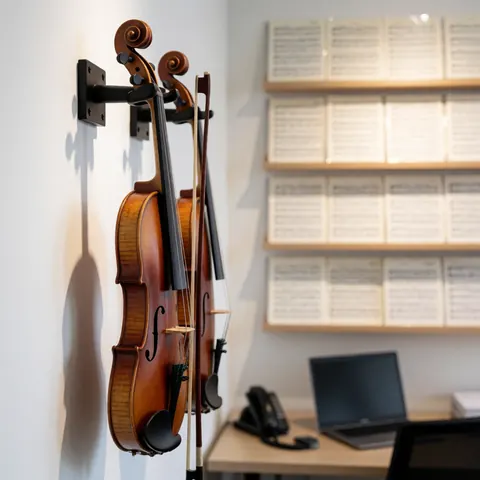 Violon en bois posé sur un support mural, avec des partitions sur des étagères en arrière-plan dans une académie de musique à l'éclairage doux.
