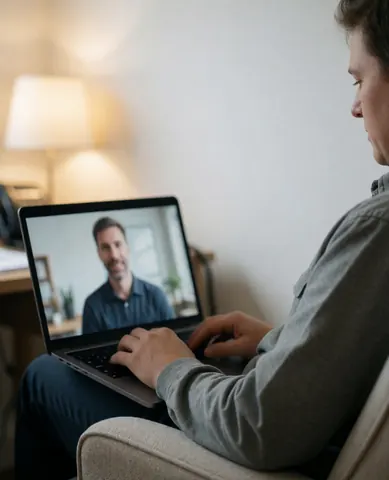 Étudiant suivant un cours en ligne avec un professeur affiché à l'écran, assis sur une chaise confortable dans un bureau éclairé par une lumière chaude.